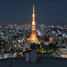 “City night view of tokyo, looking from the rooftop, by Makoto Shinkai, cinematic, highly detailed, trending on pixiv”