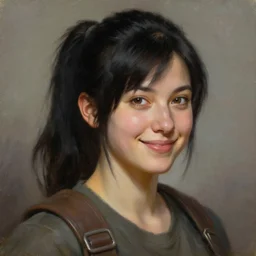 a _ fantasy _ style _ portrait _ painting _ of woman, ponytail black hair, smile, round face, engineer rpg dnd oil _ painting _ unreal _ 5 _ daz. _ rpg _ portrait _ extremely _ detailed _ artgerm _ greg _ rutkowski _ greg