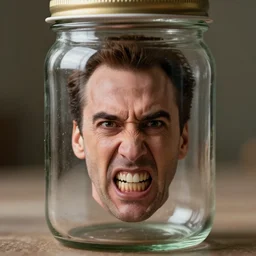a tiny realistic raging nicolas cage making crazy face inside a glass jar only. sharp focus, photography, unreal engine, trending on artstation, photorealistic, octane, trending on deviantart, unreal engine