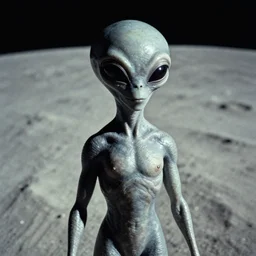 old grainy photo of a grey alien on the moon