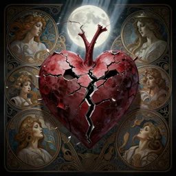broken heart in silence, masterpiece,  cinematic, powerful, moon beams dramatic light, highly, intricate elements, hollow souls, detailed, digital painting, artstation, concept art, sharp focus, contrasty, illustration, art by artgerm and greg rutkowski and alphonse mucha, mitch foust, elaborate composition, intricate story