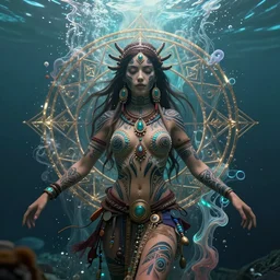 a centered full body render of an alluring festival hippy with tribal tattoos surrounded by a underwater ink pour and flowing liquid gallium and sacred geometry, perfect body and face, gorgeous, cinematic, beautifully lit, by artgerm, by karol bak, by donato giancola, 3 d, trending on artstation, octane render, 8 k