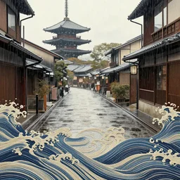 rainy streets of kyoto, fractal waves. japanese embroidery. retro minimalist art by jean giraud.