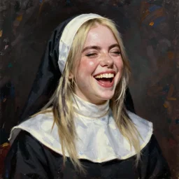 Billie Eilish as a laughing nun, painted by John Singer Sargent, detailed brushstrokes