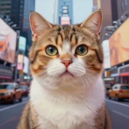 painting of a cute anthropomorphic male cat, in time square, highly realistic, hyperrealistic, hyperdetailed, anime, artstation