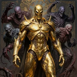 the platonic ideal of golden carapace of cletus kasady ultimate carnage thanos dementor doctor manhattan chtulu nazgul, detailed, intricate, hyperrealism, intense, scary, decay, dmt, art by brock hofer and artgerm and greg rutkowski and alphonse mucha