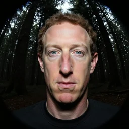fish eye footage of a skinwalker mark zuckerberg with human face in the forest, black and white