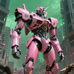 hyperrealistic highly detailed exoskeleton mecha iridescent pink brutalist city ruins background concept art santiago caruso de chirico sharp very dramatic green light 8k low angle shallow depth of field