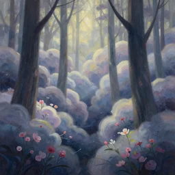 smooth stylized flowering cloud forest. gouache painting by the award - winning concept artist, bloom, chiaroscuro, backlighting, depth of field.