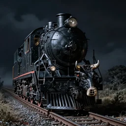 locomotive from front view. black metal. nightmarish, horrific, scary, cowcatcher