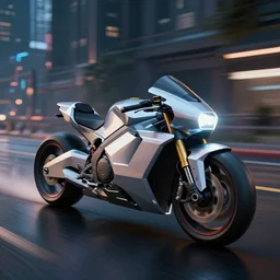 off angle beautiful Product shot film still of a halo Mass effect futuristic modern electric tron motorcycle speeding down a wet street at night in cyperpunk city, motion, hard surface modeling, blade runner, octane, Ian Callum, Giorgetto Giugiaro, Leonardo Fioravanti , low polygon, chrome, trending on artstation, unreal, redshift, 3d model, 8k
