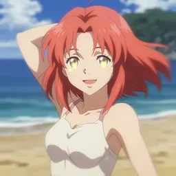 isekai beautiful grinning anime girl sakura, beach. flat face. beautiful face, catchlight, aesthetic, golden ratio. beautiful lineart, ranking on contest, artstation, soft lighting, artistic pose, character concept, cinematic, motion blur, chromatic abberation. anime tv screenshot. by junji ito