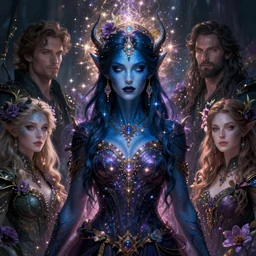 dark elven sorceress with blue skin by james jean, charlie bowater, tom bagshaw, nikolay makovsky, melanie delon : : enchanting, ethereal, magical, glowing, sparkle, prismatic, portrait, character design, illustration, hyperrealism, photorealism, digital art, concept art, dark fantasy, flowerpunk, weta, wlop, artstation