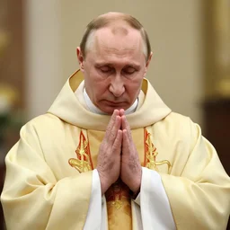 photorealistic image of putin as a catholic pop praying for god