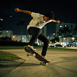 a skateboarder in a cinematic shot of miami at midnight, canon eos c 3 0 0, ƒ 1. 8, 3 5 mm, 8 k, medium - format print, inspired by roger deakins cinematography
