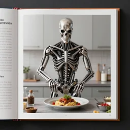 a cooking book showing the terminator preparing delicious food