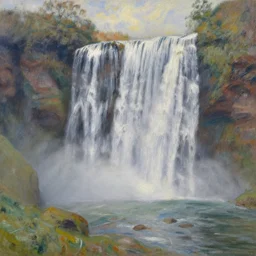 beautiful landscape, waterfall, impressionist, masterpiece, pastel, muted