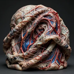 skin folded like a blanket, veins, muscle tissue, red and blue veins, sub surface scattering, wrinkles, disturbing, highly interesting, masterpiece, 4 k, the thing, horror, cosmic horror, junji ito, larry elmore, gediminas pranckevicius, h. r. giger, wide angle, art, its about the distortion of reality not the commitement to it.