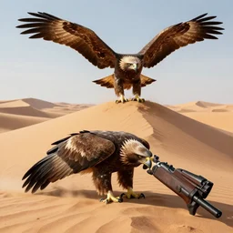 a picture of a desert eagle with a backdrop of a desert and an eagle on the top of a sand dune, 8k, ultra realistic, unreal engine 6