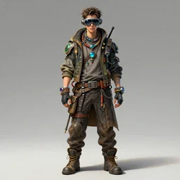 a cyber punk guy wearing goggles and eccentric jewelry by jamie hewlett :: full body character concept art, detailed, intricate, color