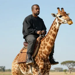highly detailed hyper realistic render of kanye west riding a giraffe