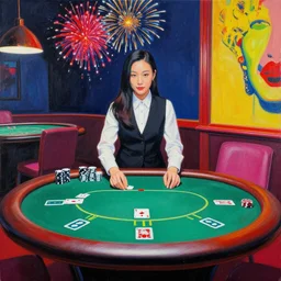 hyper - realistic composition of a room in a casino with an extremely detailed poker table, croupier standing nearby fireworks in the background, pop art style, jackie tsai style, andy warhol style, acrylic on canvas