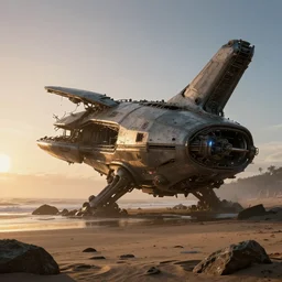 hyper realistic, photorealistic render, volumetric lighting, crashed alien spacecraft, sunrise, highly detailed, post apocalyptic, beaches, abandoned, ridley scott style - - aspect 1 6 : 9