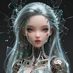a hiper intricate portrait of beautiful cybernetic barbi doll build by artificial inteligence from voronoi fractures, broken glass, almost done, hiper intricate 3 d render, hyper realistic detailed portrait, scifi, fantasy, hdri light, photoreal, hyper detailed, octane render, concept art, by peter mohrbacher, by wlop, by ruan jia
