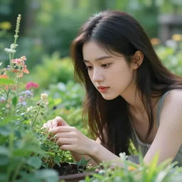 a beautiful girl with perfect features is taking care of the garden in a beautiful and varied vegetation dream garden with quality scenery, artstation!! greg rutkowski, wlop, cinematic, hyperrealist, pixiv!! beautiful face and features, the most beautiful girl in the most beautiful digital art of a perfect girl, light calm, quality trending on artstation, hd, 8 k, highly detailed, good lighting, beautiful, masterpiece
