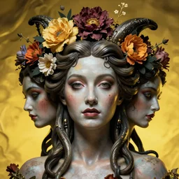 hyperrealistic hyper detailed neo-surreal 35mm portrait of gothic cyborg medusa with multiple heads covered in flowers matte painting concept art hannah yata dali very dramatic yellow lighting low angle hd 8k sharp shallow depth of field