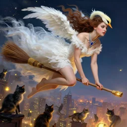 hyperrealistic portrait of a woman flying a broom above a bladedrunner city among cats as fireflies wearing white swan dress long feathers and sapphire jewellery by jeremy mann and alphonse mucha, fantasy art, photo realistic, dynamic lighting, artstation, poster, volumetric lighting, very detailed faces, 4 k, award winning