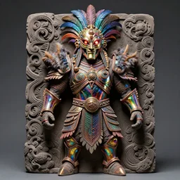 hyper ultra 4 k photo of a bizarre metal colorful iridescent armor warrior glowing eyes mask made of clay feather trim intricately spectacular magnificently story carved by a master engraver by h. r. giger