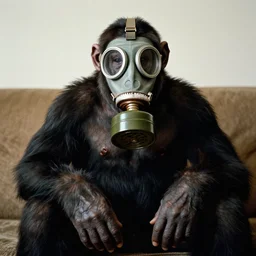 great ape wearing a gas mask sitting on a couch, in the style of gregory crewdson
