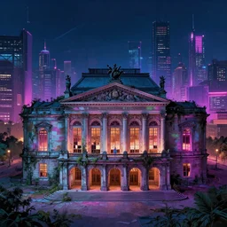 a beautiful very detailed illustration of abandoned architecture nature city opera house by benedek vass, at night magic realism myst synthwave neon noir, archdaily, wallpaper, highly detailed, trending on artstation.
