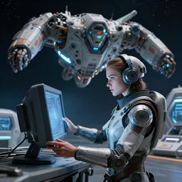 girl in the sci - fi heavy suite with monitor in hands, deep space, landing gear, avatar, by fausto de martini, cinematic keyframe, by wadim kashin, ultra realistic, ue 5, featured on artstation, octane render, sharp image, ray tracing, cinematic 8 k.
