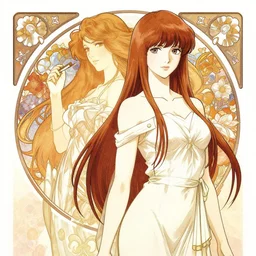 Stylish Kurisu Makise tonemapped in the style of Ayami Kojima and Alphonse Mucha