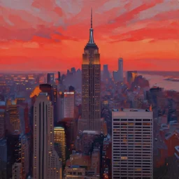 a beautiful illustration new york at sunset, art of alena aenami, featured on artstation, vertical orientation, paint brush strokes, expressionism, brushstroke - laden, crimson hue