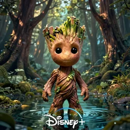 little Groot is half covered by water, against the backdrop of trees, poster, by disney plus