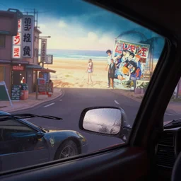 fuji 5 0 r, wide lens ; sunrise, ferrari style car interior with side mirror foggy window view ; in background a projection of beautiful hyperrealistic film still from ronin ( 1 9 9 0 ) beach promenade scene directed by tati in style of 1 9 9 0 s frontiers in miniature porcelain kintsugu design magazine seinen manga edition, real - life seinen manga porcelain sci - fi font izakaya sign, highly detailed, cinematic lighting, 8 k