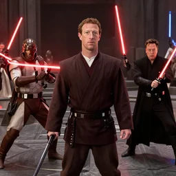 mark zuckerberg jeff bezos elon musk in star wars, movie still, jedi vs sith battle