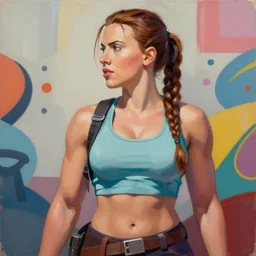 greg manchess portrait of scarlett johansson as roided thick very muscular lara croft, fantasy, medium shot, asymmetrical, profile picture, organic painting, sunny day, matte painting, bold shapes, hard edges, street art, trending on artstation, by huang guangjian and gil elvgren and sachin teng