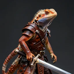 a frilled neck lizard wearing leather armor and holding a sword, unreal engine, volumetric lighting, artstation