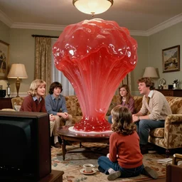a family is watching tv in a 1 9 8 0 s lounge room a massive blob of jelly is consuming them
