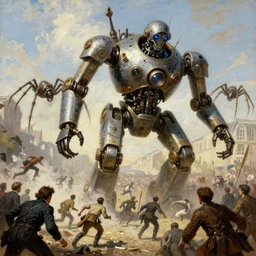 giant steampunk robot - spiders attacking french revolution in paris, socialist realism painting, panicking human crowd, crowd running away, by jakub rozalski artgerm and greg rukowsky highly detailed