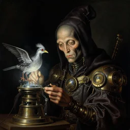 a baroque close - up portrait painting of a dark alien steampunk wizard fixing a glowing sci - fi time machine bird. black background. highly detailed science fiction painting by norman rockwell, moebius, frank frazetta, and syd mead. high contrast. renaissance masterpiece. artstation