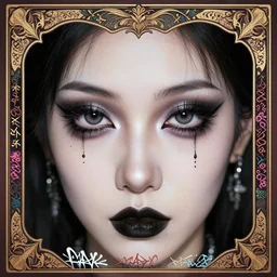 a pair of aesthetic eyes, heavy goth makeup, punk, alluring, traditional art nouveau border, graffiti