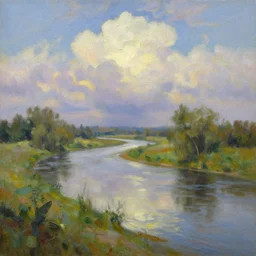 a beautiful landscape, river, majestic skies, oil painting, by greg rutkowski