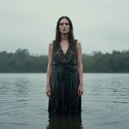 portrait of a woman standing in a lake, by guillermo del toro