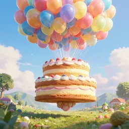 a giant floating cake, with giant floating balloons above a beautiful landscape. digital art, highly - detailed, artstation cgsociety masterpiece