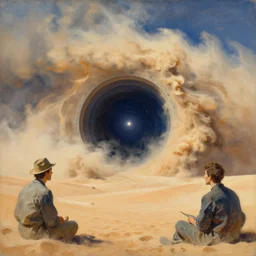 intergalactic stargate portal in the middle of a desert, with a sandstorm raging around it by paul cezanne and ivan shishkin